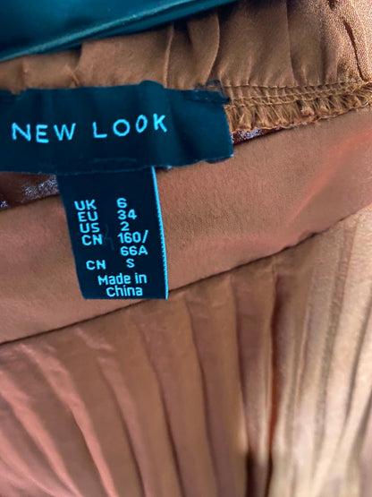 NEW LOOK |XS| WAIST 24| B48| STUNNING BURNT ORANGE PLEATED SATIN MIDI SKIRT
