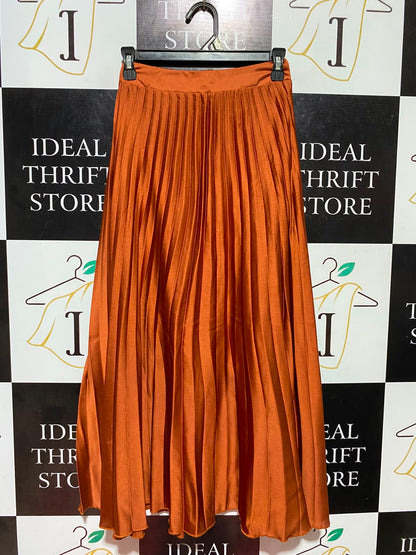 NEW LOOK |XS| WAIST 24| B48| STUNNING BURNT ORANGE PLEATED SATIN MIDI SKIRT