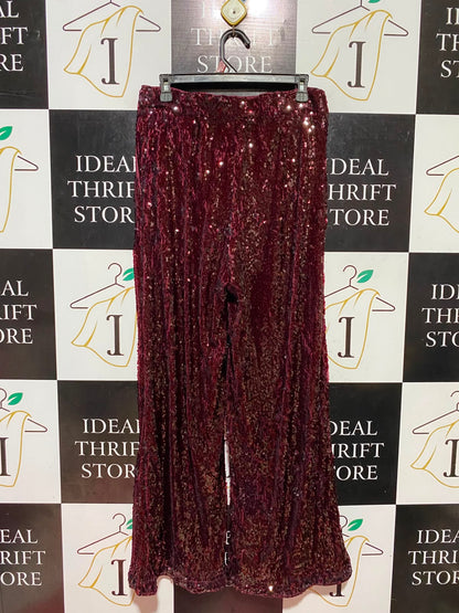 MOTF |L| WAIST 30| B48| BURGUNDY GLAM MAROON SEQUIN WIDE-LEG PANTS
