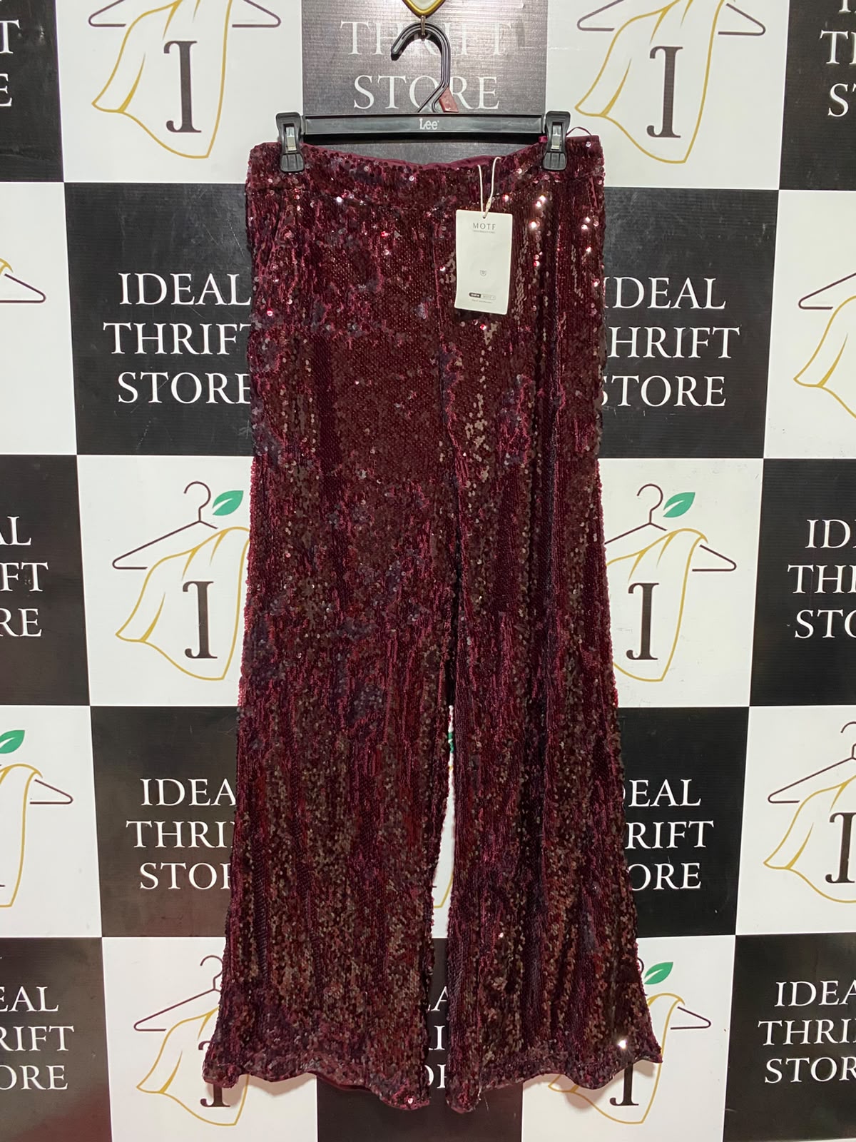 MOTF |L| WAIST 30| B48| BURGUNDY GLAM MAROON SEQUIN WIDE-LEG PANTS