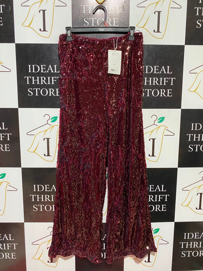 MOTF |L| WAIST 30| B48| BURGUNDY GLAM MAROON SEQUIN WIDE-LEG PANTS