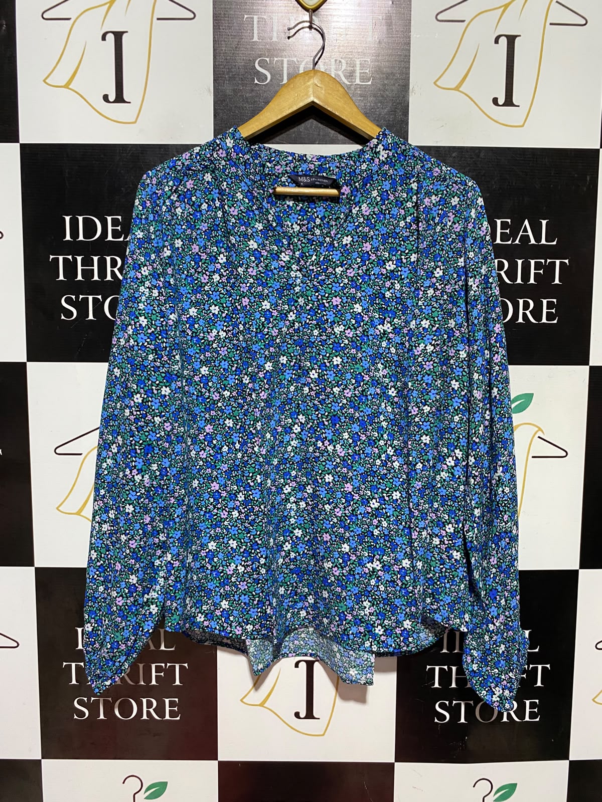 M&S |L| BUST 22| B48| BLUE DITSY FLORAL V-NECK LONG SLEEVE BLOUSE