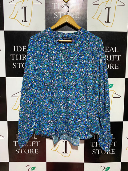 M&S |L| BUST 22| B48| BLUE DITSY FLORAL V-NECK LONG SLEEVE BLOUSE
