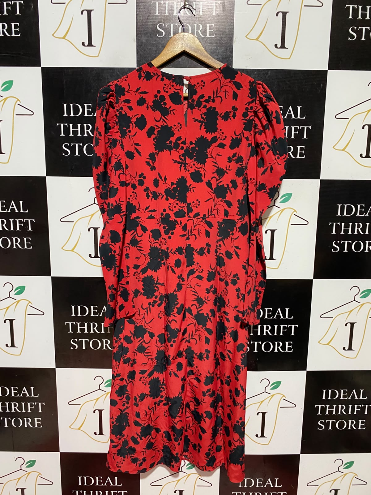 PRIMARK |M| WAIST 18| B48| RED AND BLACK FLORAL PUFF SLEEVE MIDI DRESS