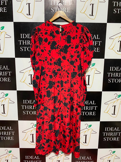PRIMARK |M| WAIST 18| B48| RED AND BLACK FLORAL PUFF SLEEVE MIDI DRESS
