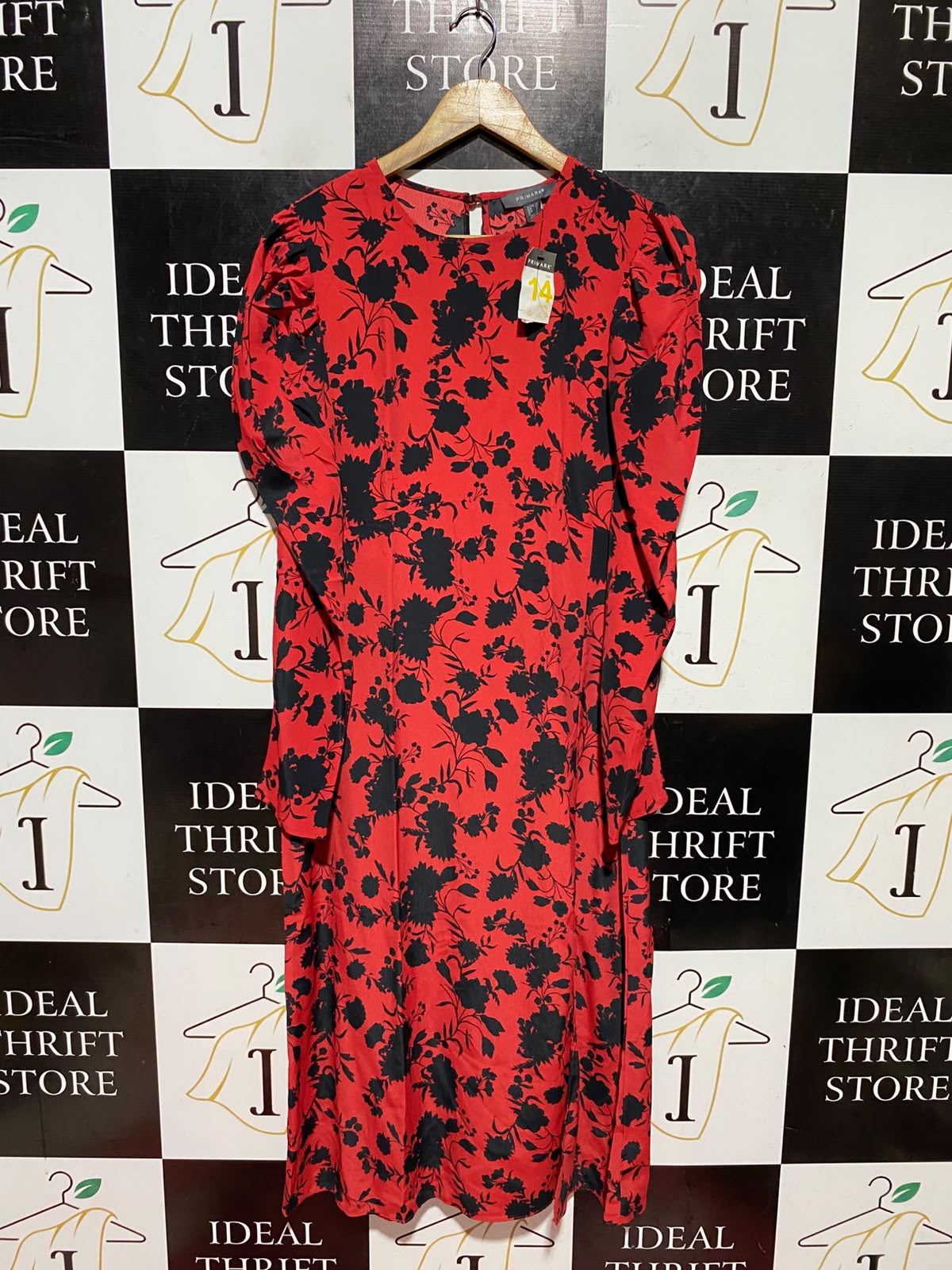 PRIMARK |M| WAIST 18| B48| RED AND BLACK FLORAL PUFF SLEEVE MIDI DRESS