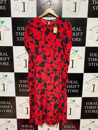 PRIMARK |M| WAIST 18| B48| RED AND BLACK FLORAL PUFF SLEEVE MIDI DRESS