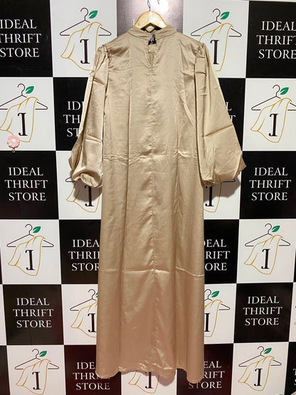 |L| BUST 19| B48| ELEGANT CHAMPAGNE SATIN MOCK-NECK BALLOON SLEEVE MIDI DRESS