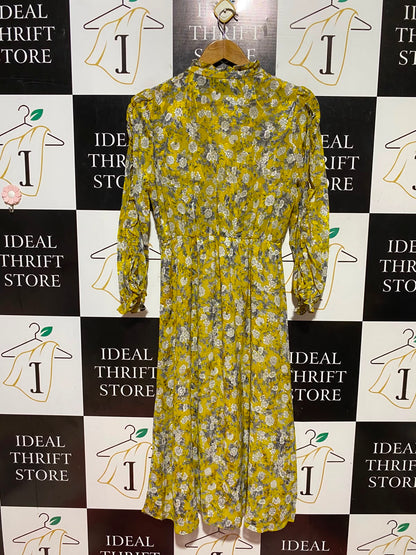 ZARA |S| BUST 19| B48| MUSTARD YELLOW FLORAL V-NECK MIDI DRESS WITH RUFFLED COLLAR