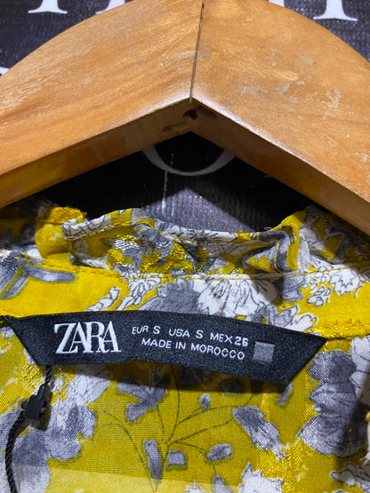 ZARA |S| BUST 19| B48| MUSTARD YELLOW FLORAL V-NECK MIDI DRESS WITH RUFFLED COLLAR