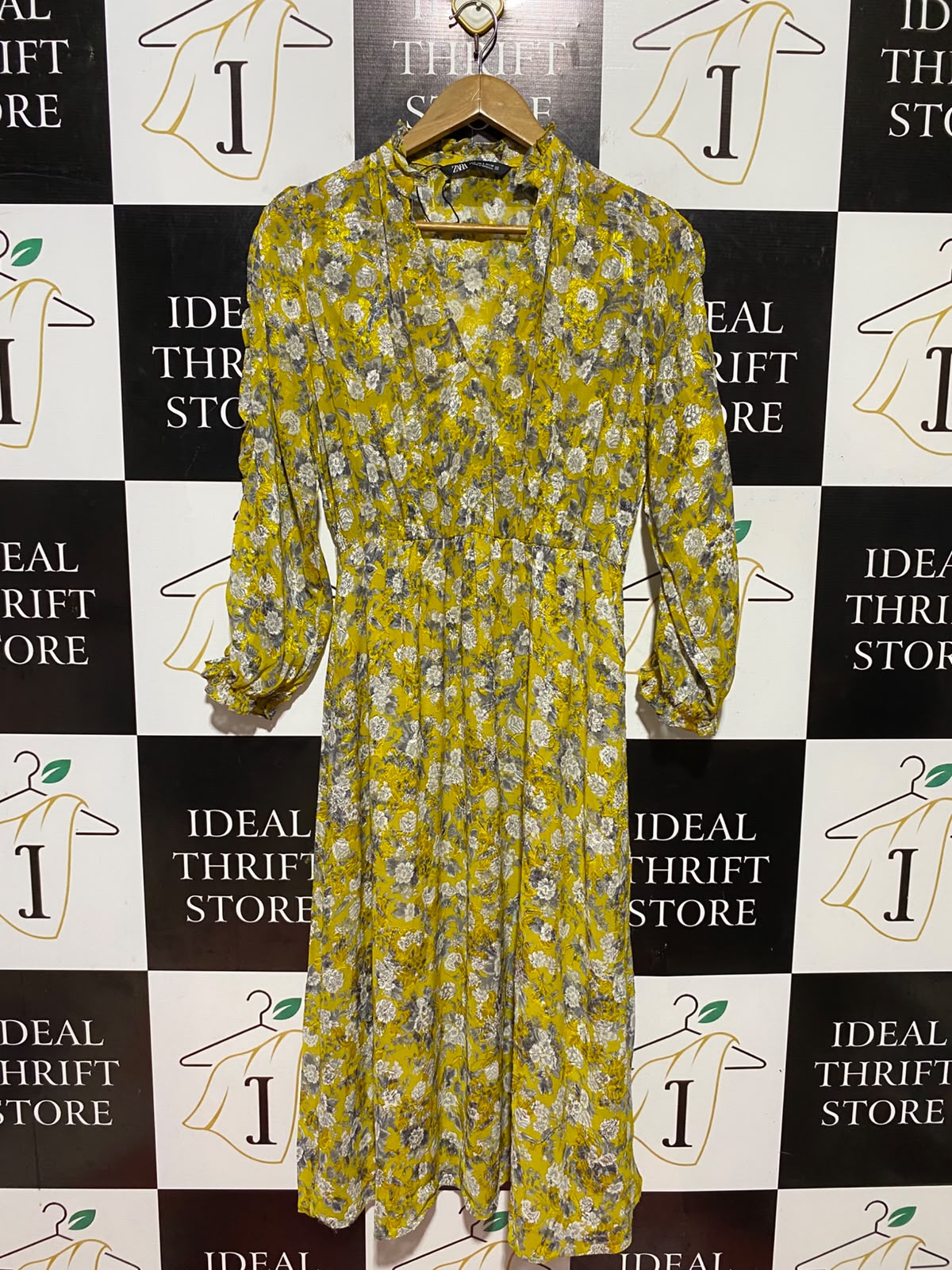 ZARA |S| BUST 19| B48| MUSTARD YELLOW FLORAL V-NECK MIDI DRESS WITH RUFFLED COLLAR