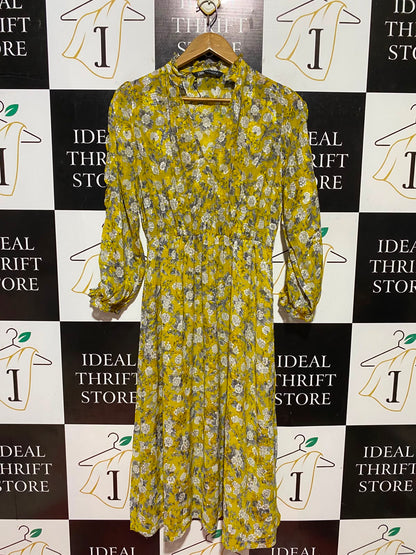 ZARA |S| BUST 19| B48| MUSTARD YELLOW FLORAL V-NECK MIDI DRESS WITH RUFFLED COLLAR