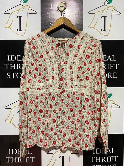 PERUNA |L| BUST 24| B48| BOHEMIAN CREAM FLORAL BLOUSE WITH CROCHET LACE TRIM AND TIE NECK