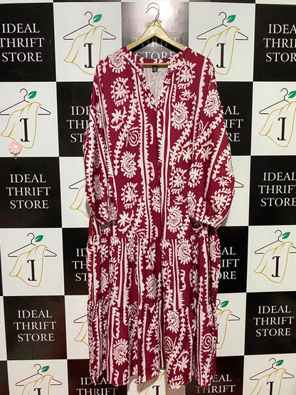 SHEIN CURVE |XL| BUST 23| B48| BERRY RED AND WHITE DAMASK TIERED MAXI DRESS
