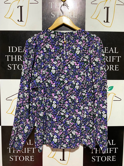 M&S |L| BUST 22| B48| PURPLE AND BLACK DITSY FLORAL LONG SLEEVE BLOUSE