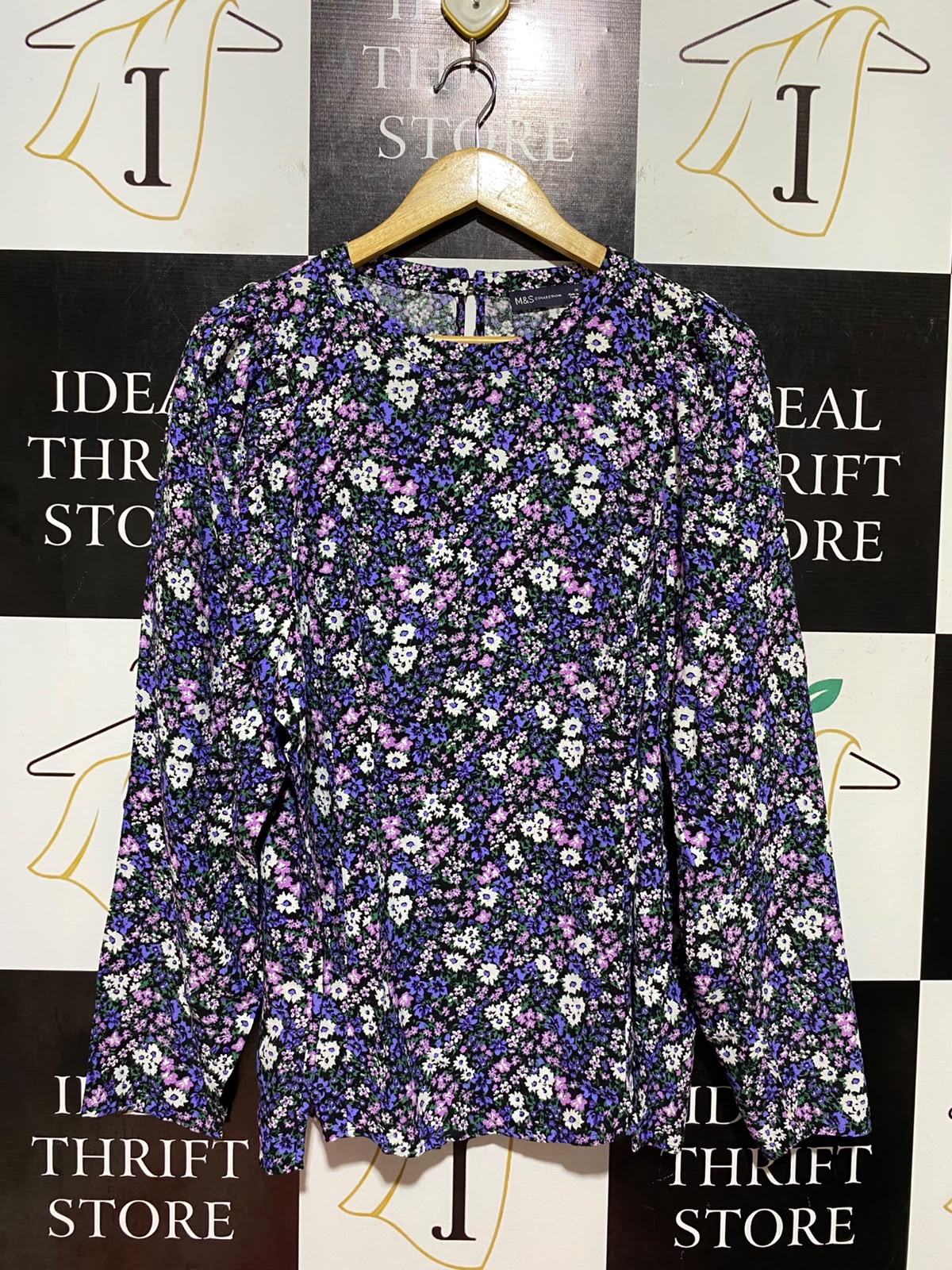 M&S |L| BUST 22| B48| PURPLE AND BLACK DITSY FLORAL LONG SLEEVE BLOUSE