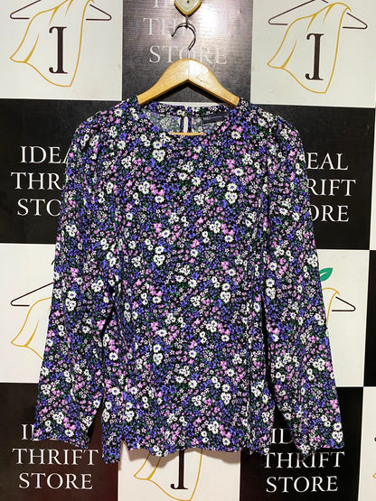 M&S |L| BUST 22| B48| PURPLE AND BLACK DITSY FLORAL LONG SLEEVE BLOUSE