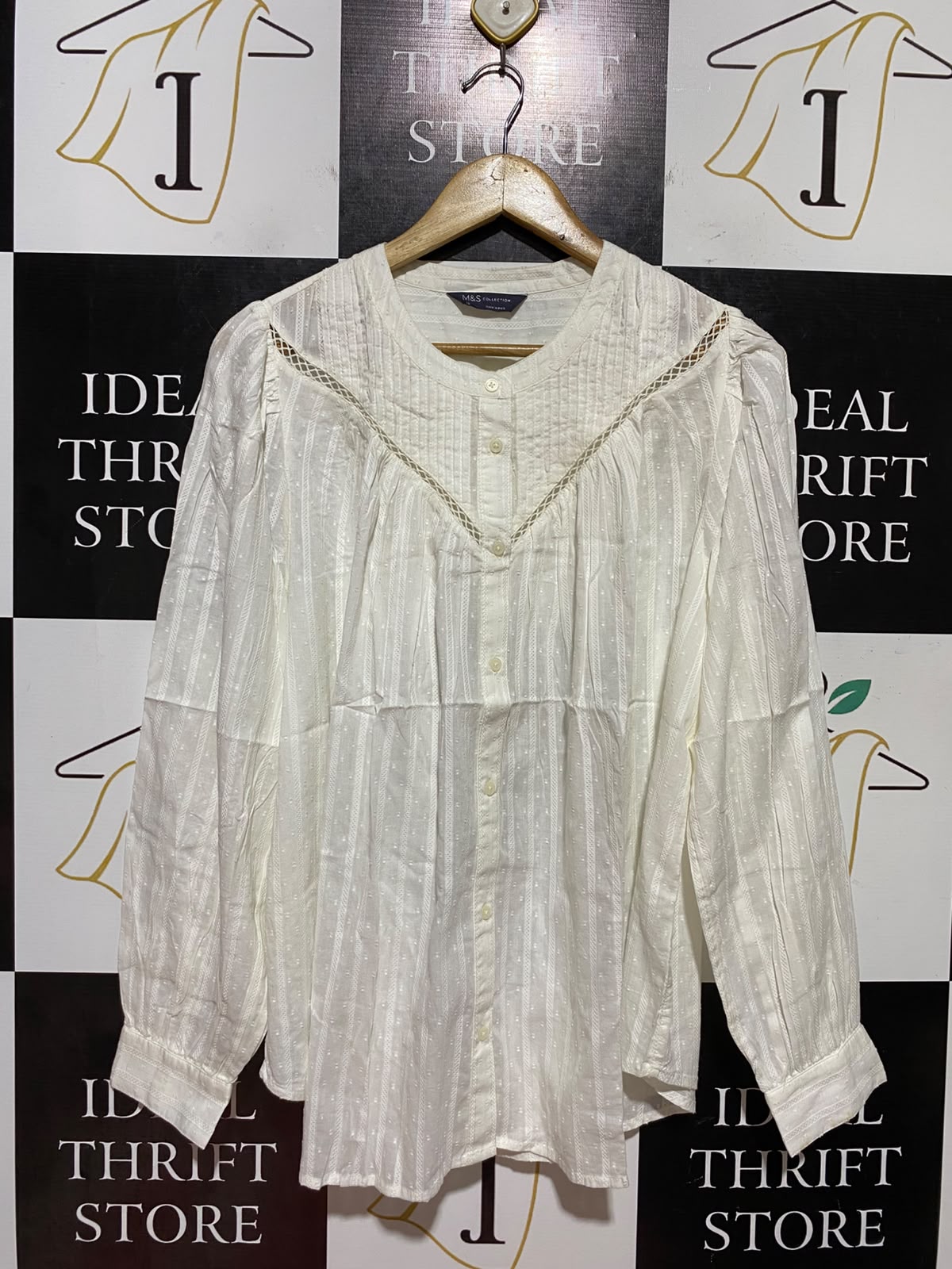 M&S |L| BUST 24| B48| BOHO CREAM DOBBY DOT LACE-TRIM PEASANT BLOUSE