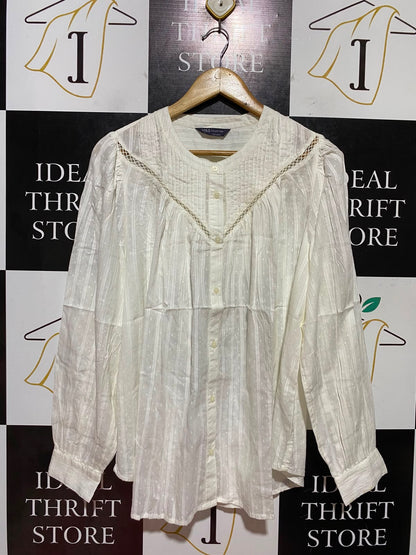 M&S |L| BUST 24| B48| BOHO CREAM DOBBY DOT LACE-TRIM PEASANT BLOUSE