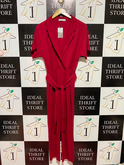 MANGO |XS| BUST FREE| B48| SLEEK CHERRY RED BELTED LAPEL JUMPSUIT