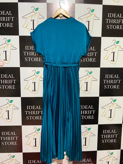 NEW LOOK |M| BUST FREE| B48| TEAL BLUE PLEATED SATIN MIDI DRESS