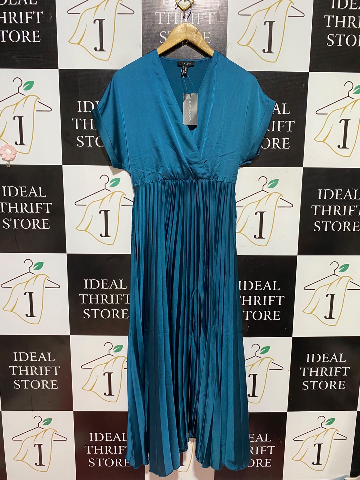 NEW LOOK |M| BUST FREE| B48| TEAL BLUE PLEATED SATIN MIDI DRESS