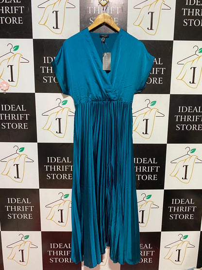 NEW LOOK |M| BUST FREE| B48| TEAL BLUE PLEATED SATIN MIDI DRESS