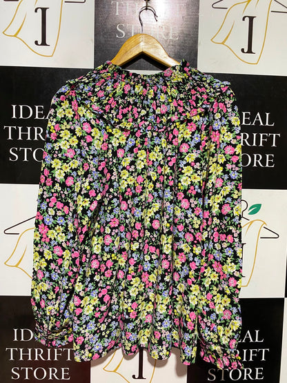 M&S |L| BUST 22| B48| BLACK MULTI SMOCKED FLORAL PEASANT BLOUSE