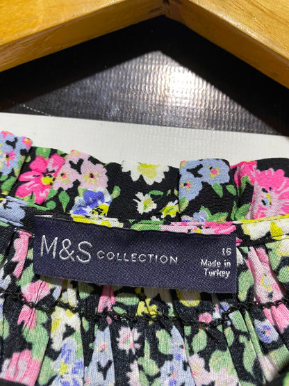 M&S |L| BUST 22| B48| BLACK MULTI SMOCKED FLORAL PEASANT BLOUSE