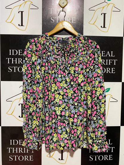 M&S |L| BUST 22| B48| BLACK MULTI SMOCKED FLORAL PEASANT BLOUSE