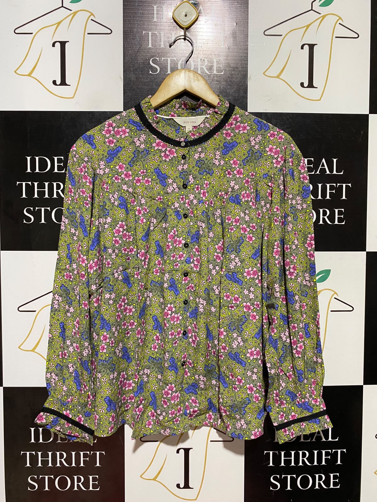 PERUNA |L| BUST 24| B48| FLORAL BUTTON-UP BLOUSE WITH CONTRAST TRIM