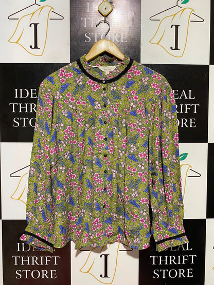 PERUNA |L| BUST 24| B48| FLORAL BUTTON-UP BLOUSE WITH CONTRAST TRIM
