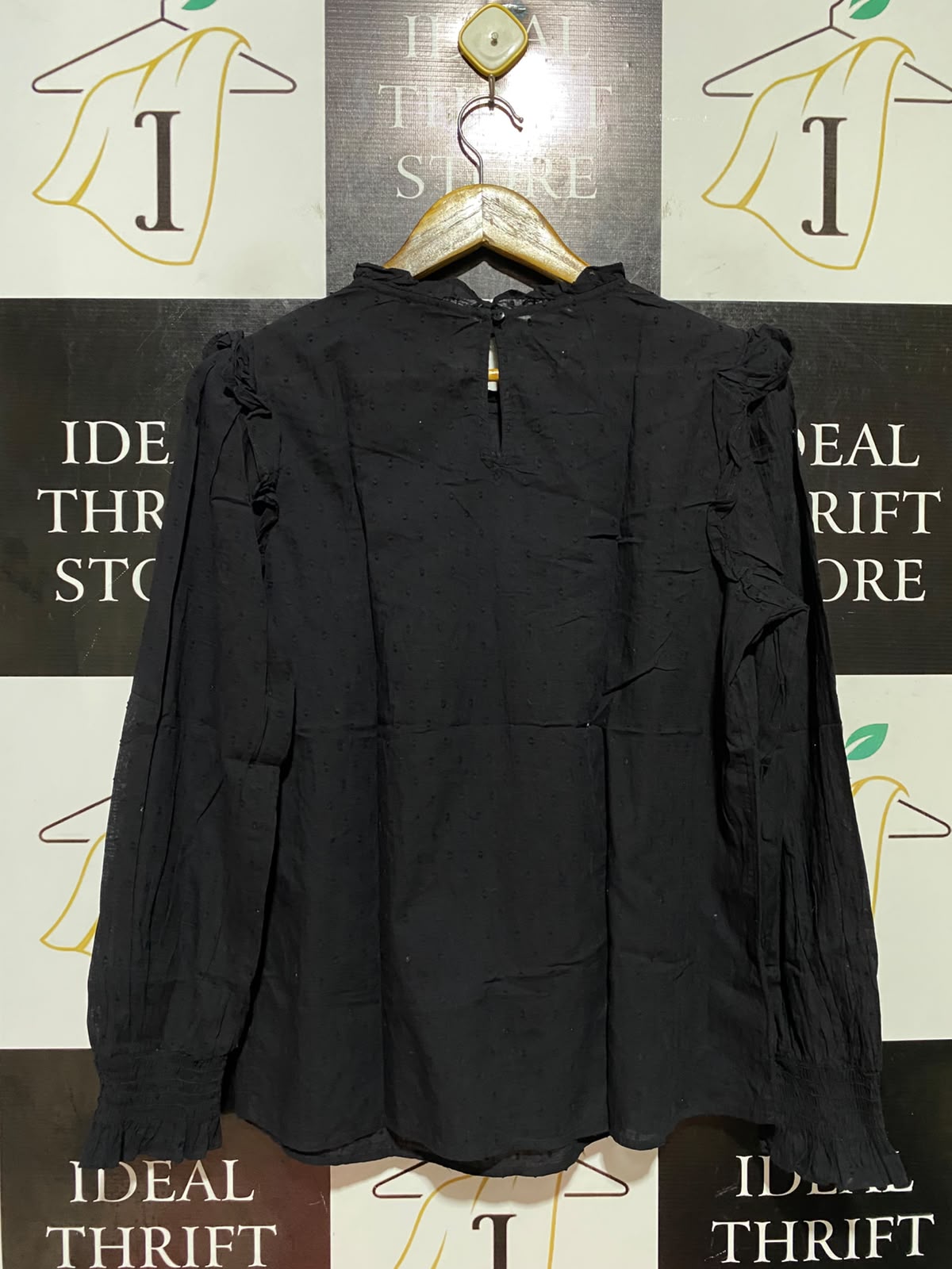 F&F |M| BUST 19| B48| BLACK DOBBY SWISS DOT RUFFLED BLOUSE WITH EYELET