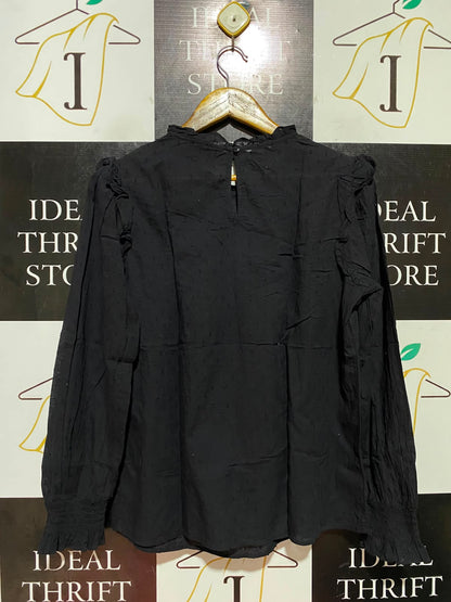 F&F |M| BUST 19| B48| BLACK DOBBY SWISS DOT RUFFLED BLOUSE WITH EYELET
