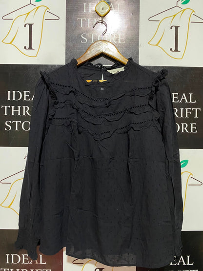 F&F |M| BUST 19| B48| BLACK DOBBY SWISS DOT RUFFLED BLOUSE WITH EYELET