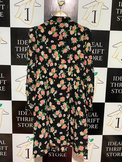 ELLI WHITE |L| BUST 21| B48| BLACK FLORAL BUTTON-DOWN MIDI SHIRT DRESS WITH TIE WAIST