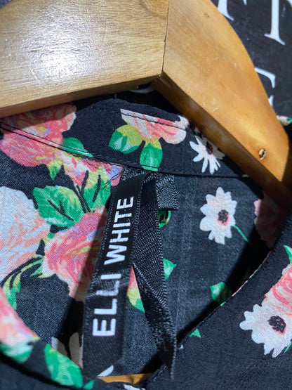 ELLI WHITE |L| BUST 21| B48| BLACK FLORAL BUTTON-DOWN MIDI SHIRT DRESS WITH TIE WAIST