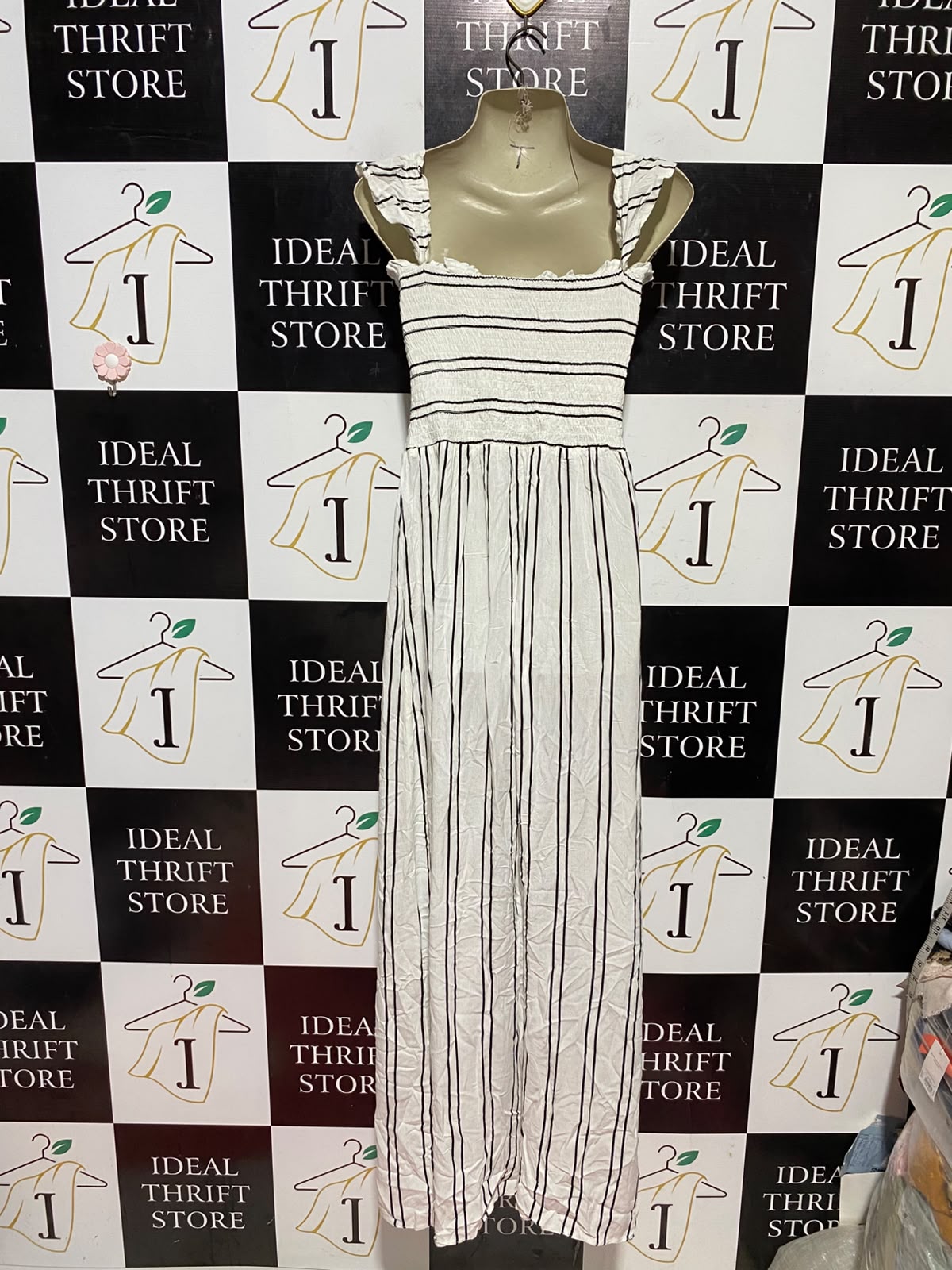 NEW LOOK |XS| BUST 12| B48| WHITE STRIPED SMOCKED MAXI DRESS WITH FLUTTER STRAPS