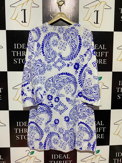 |M| BUST 19| B48| WHITE AND BLUE PAISLEY PRINT TUNIC KAFTAN DRESS