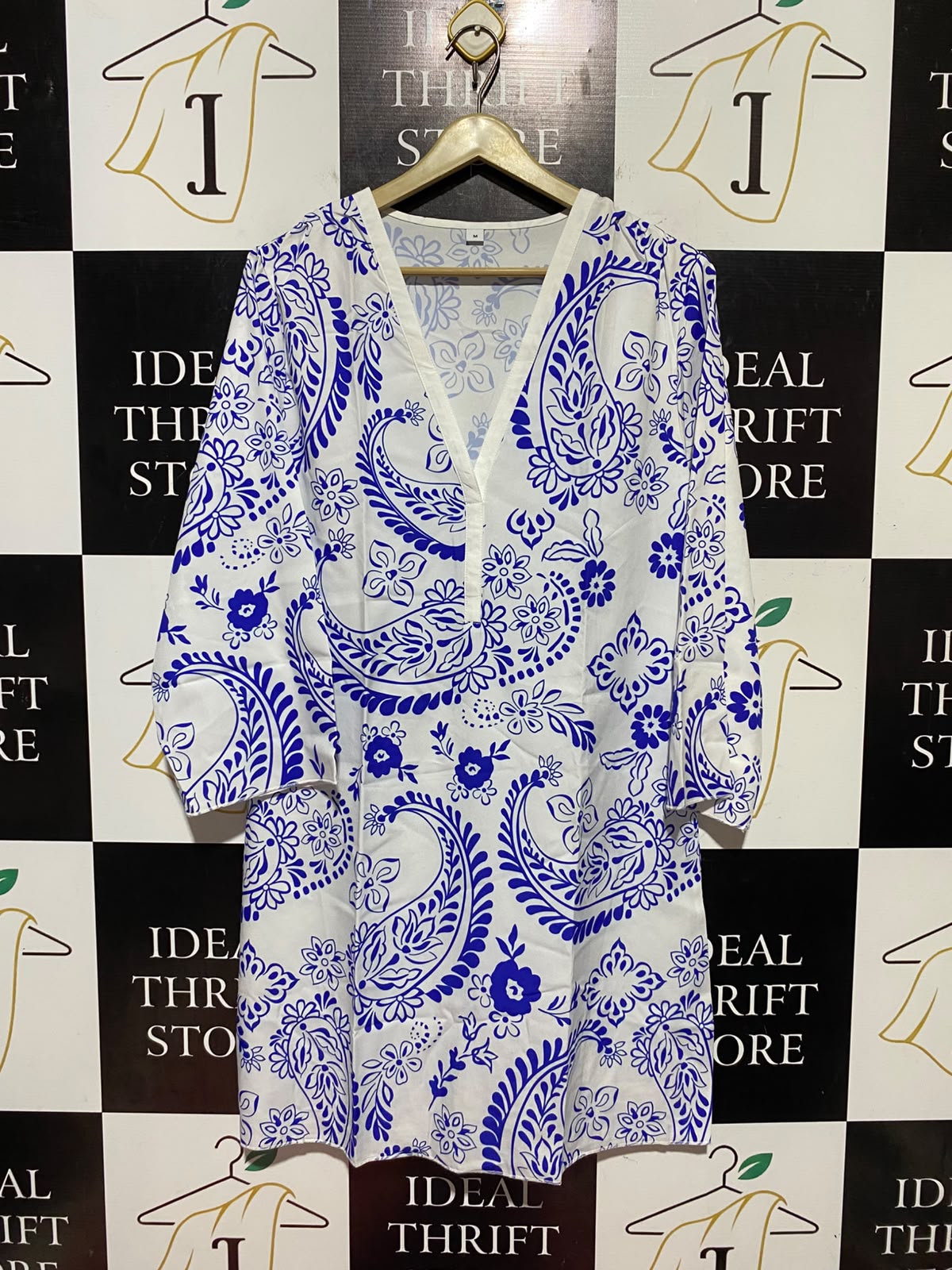 |M| BUST 19| B48| WHITE AND BLUE PAISLEY PRINT TUNIC KAFTAN DRESS