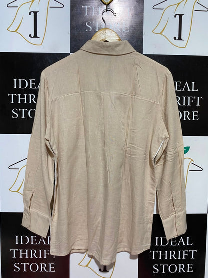 PRIMARK CARES |L| BUST 22| B47| BEIGE LINEN-BLEND SIDE-STRIPE SHIRT