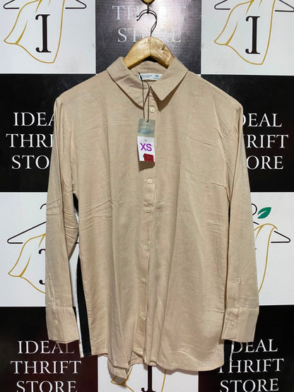 PRIMARK CARES |L| BUST 22| B47| BEIGE LINEN-BLEND SIDE-STRIPE SHIRT