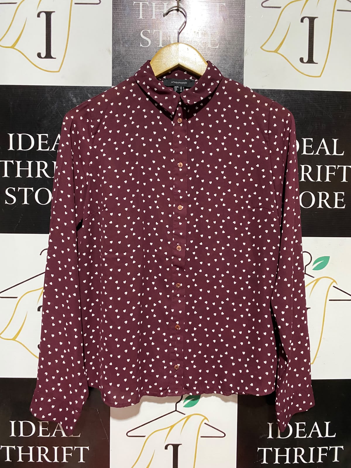 ATMOSPHERE |M| BUST 18| B47| BURGUNDY HEART PRINT BUTTON-DOWN SHIRT