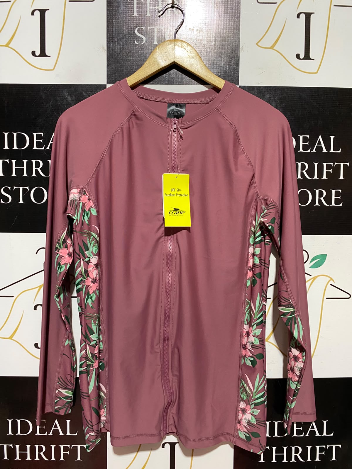 CRANE |L| BUST 18| B47| LONG SLEEVE FULL ZIP RASH GUARD SWIM SHIRT UPF 50+ FLORAL DUSTY ROSE