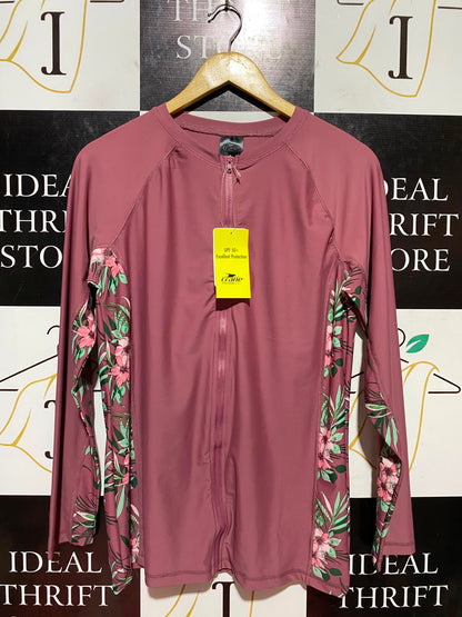 CRANE |L| BUST 18| B47| LONG SLEEVE FULL ZIP RASH GUARD SWIM SHIRT UPF 50+ FLORAL DUSTY ROSE