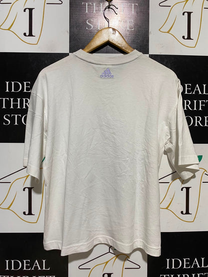 ADIDAS |S| BUST 21| B47| OVERSIZED GRAPHIC T-SHIRT - WHITE WITH PURPLE LAVENDER SKETCH LOGO