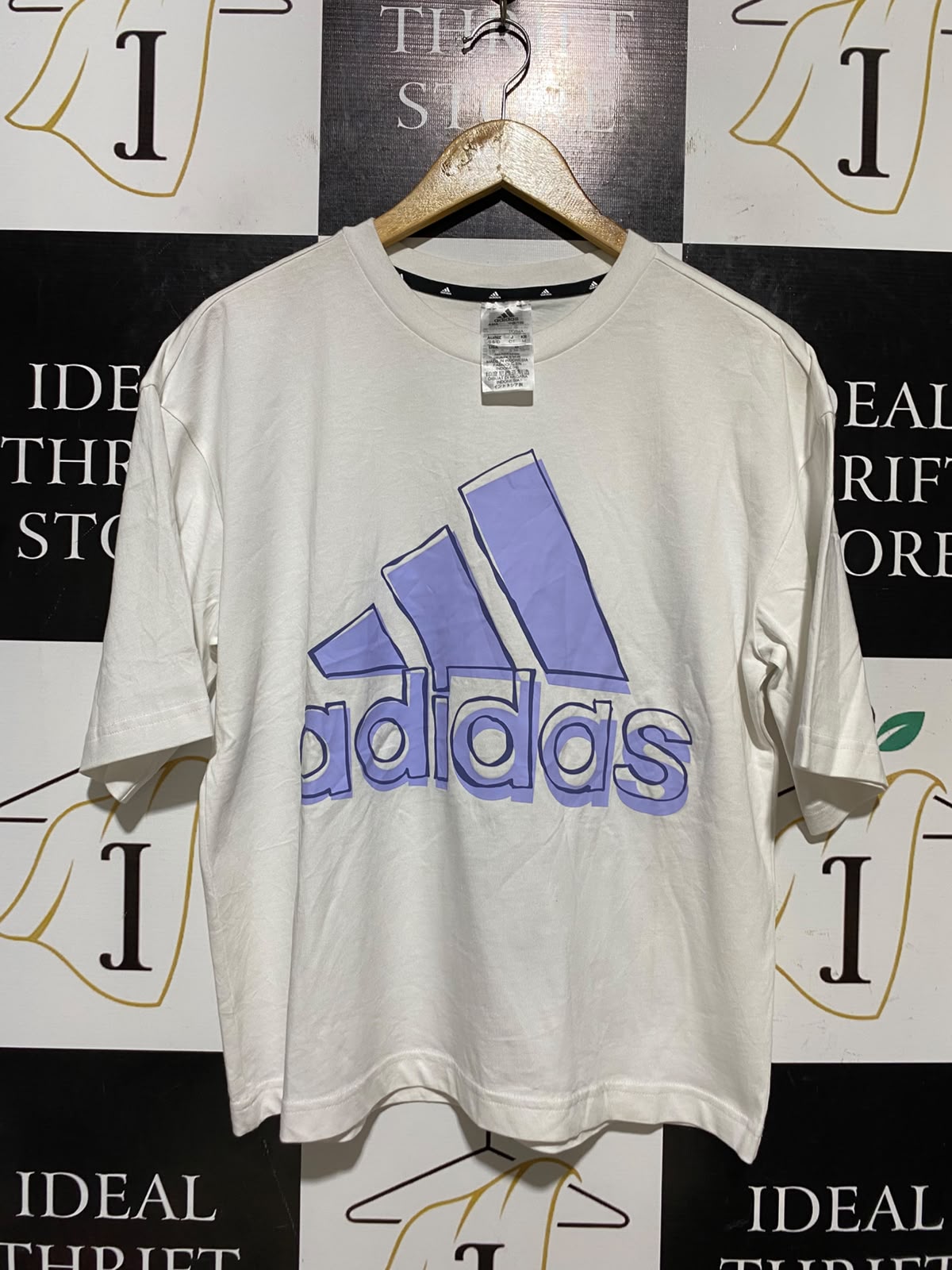 ADIDAS |S| BUST 21| B47| OVERSIZED GRAPHIC T-SHIRT - WHITE WITH PURPLE LAVENDER SKETCH LOGO