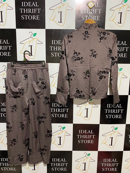 ZARA |S| B47| TAUPE GREY EMBROIDERED FLORAL WRAP TOP & DRAWSTRING WIDE-LEG PANTS SET