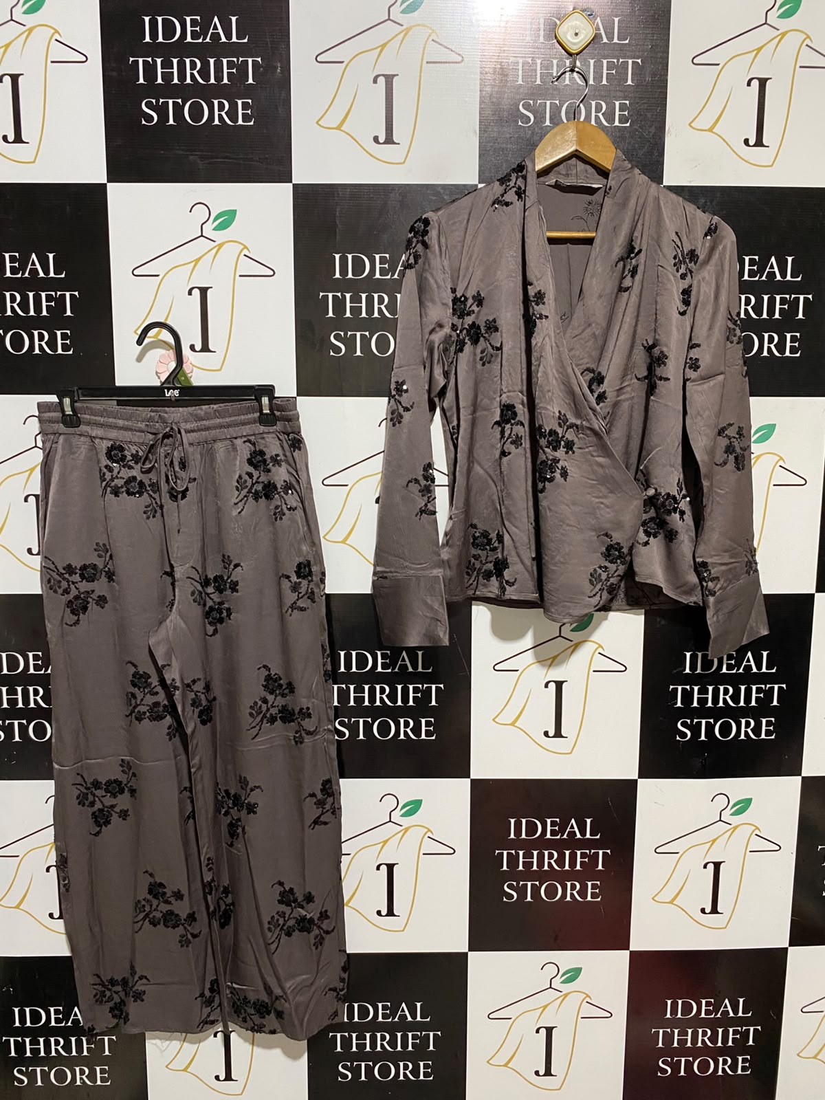 ZARA |S| B47| TAUPE GREY EMBROIDERED FLORAL WRAP TOP & DRAWSTRING WIDE-LEG PANTS SET