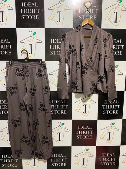 ZARA |S| B47| TAUPE GREY EMBROIDERED FLORAL WRAP TOP & DRAWSTRING WIDE-LEG PANTS SET